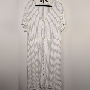 Old Navy Linen Blend Striped Midi Dress Cream + Blue Cottage NEW Womens Size XXL